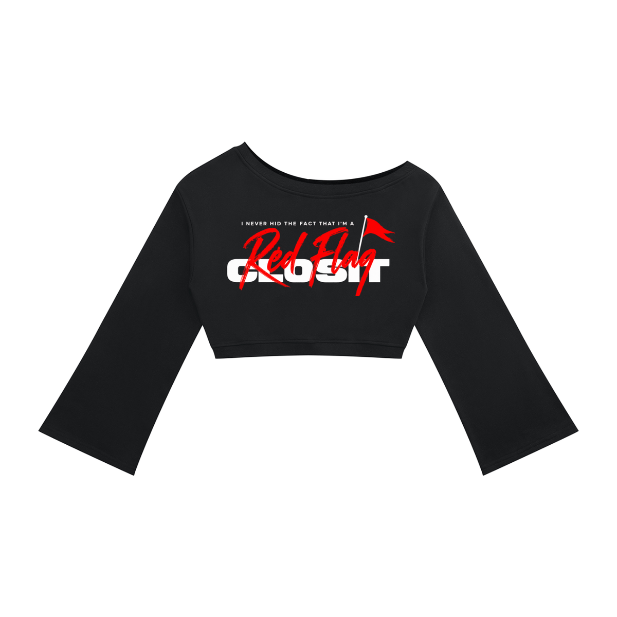 Black off-shoulder cropped sweatshirt, front view with red Red Flag script over Closit lettering.