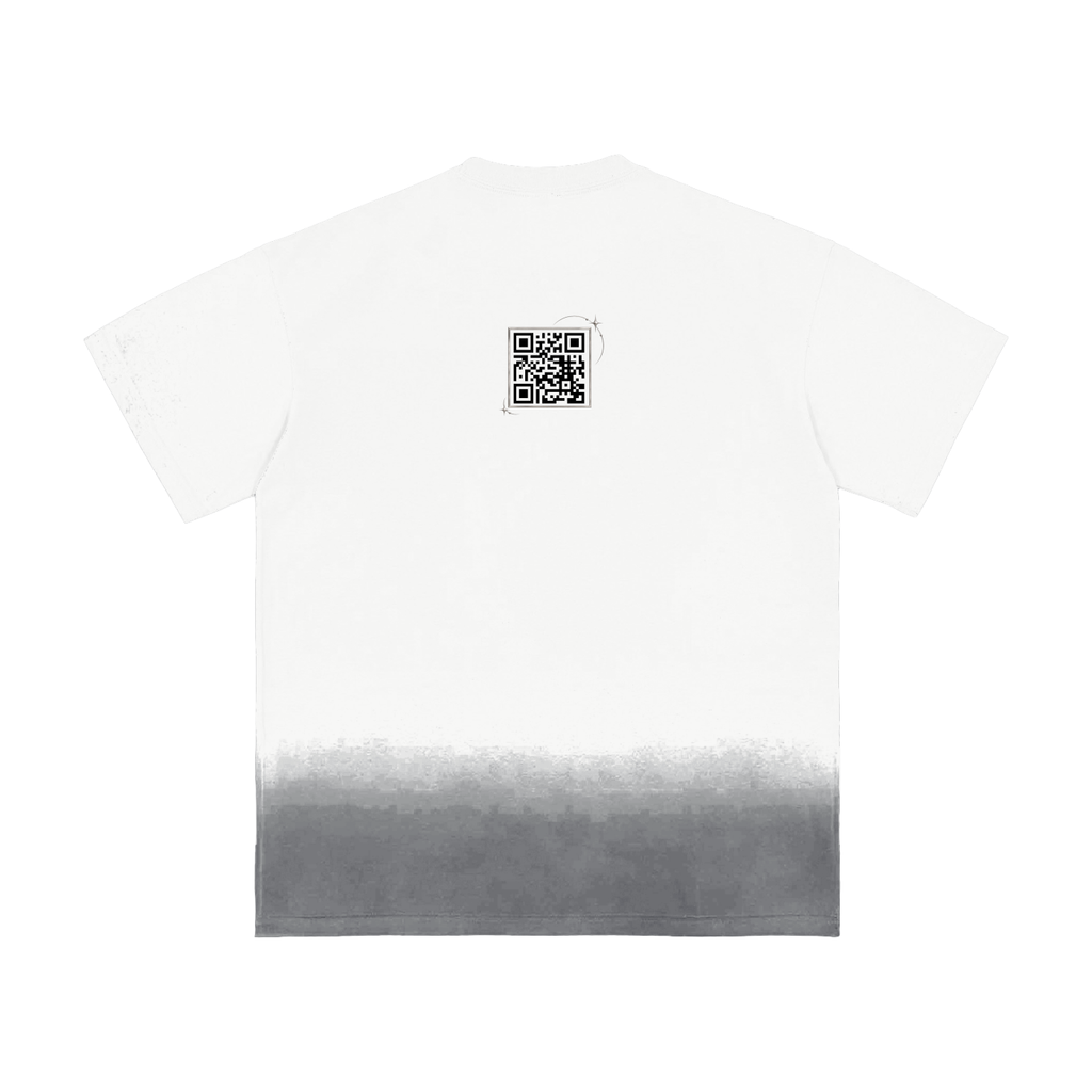 White sunfade T-shirt, back view with QR code below the neckline and gray faded hem.