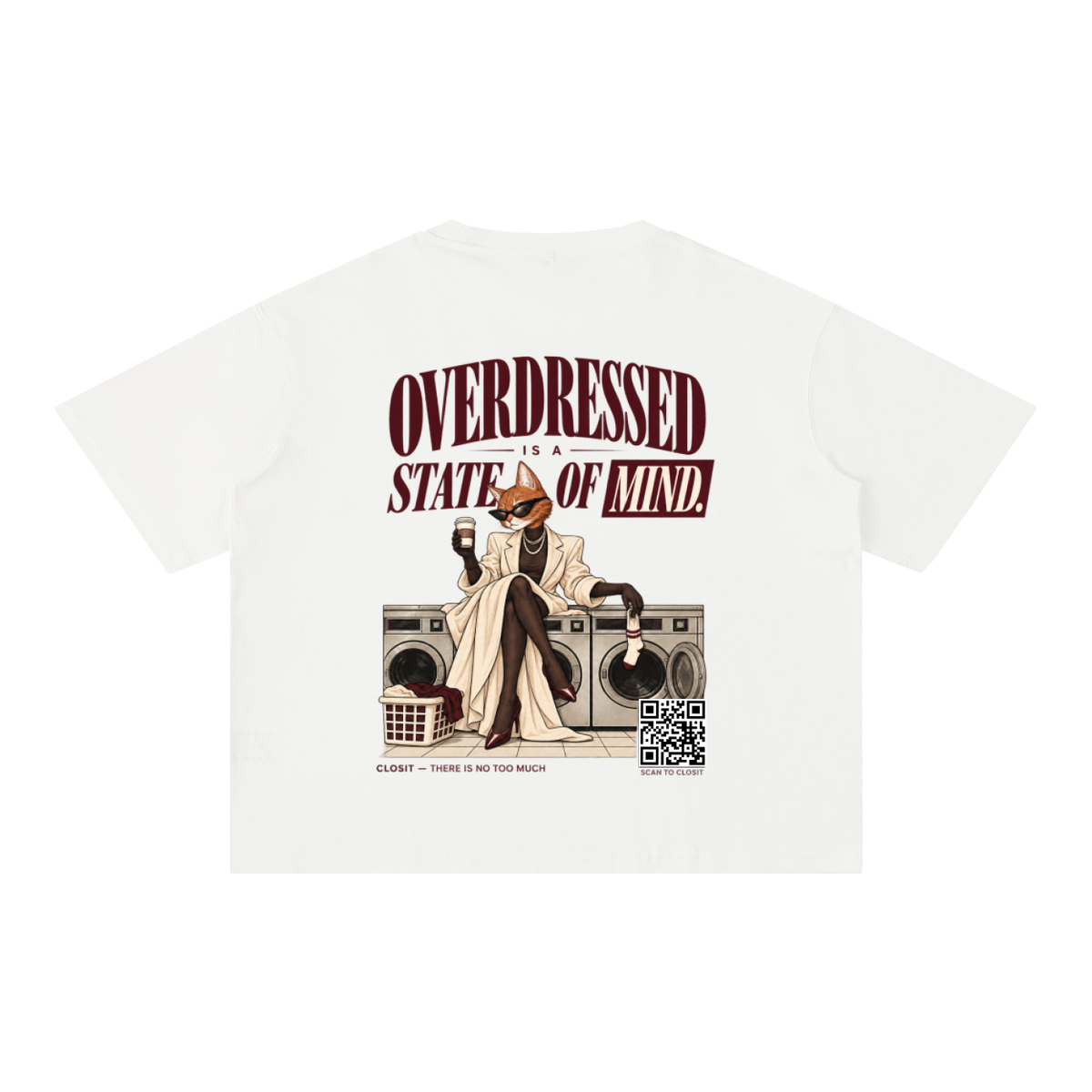 White oversized T-shirt, back view with Overdressed Is a State of Mind slogan and cat seated on washing machines.
