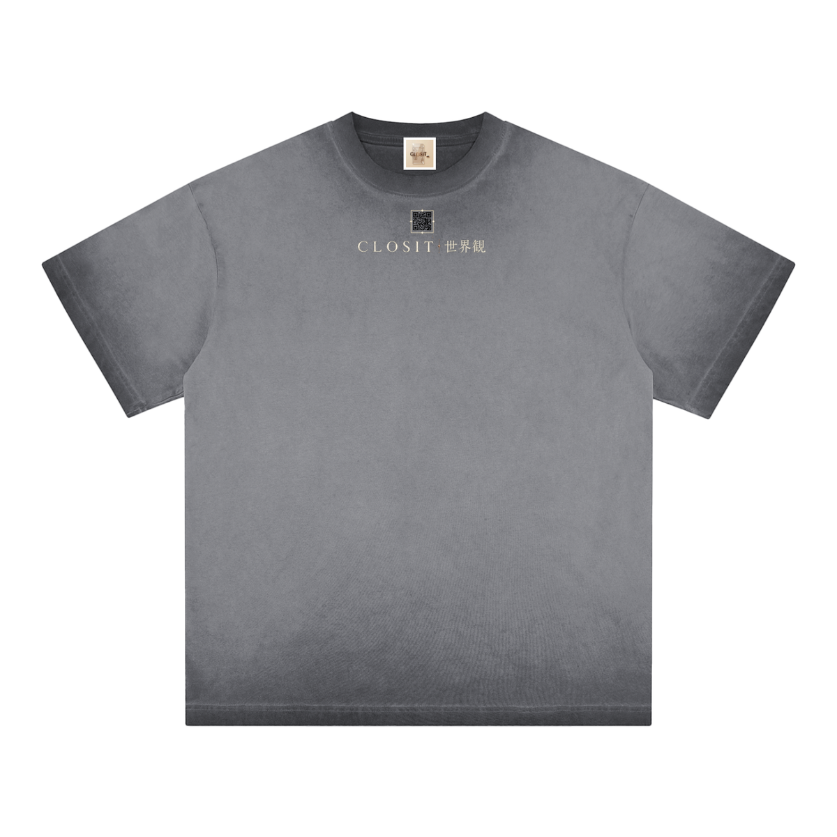 Dark Gray reverse-dyed T-shirt, front view with small Closit and Japanese lettering.