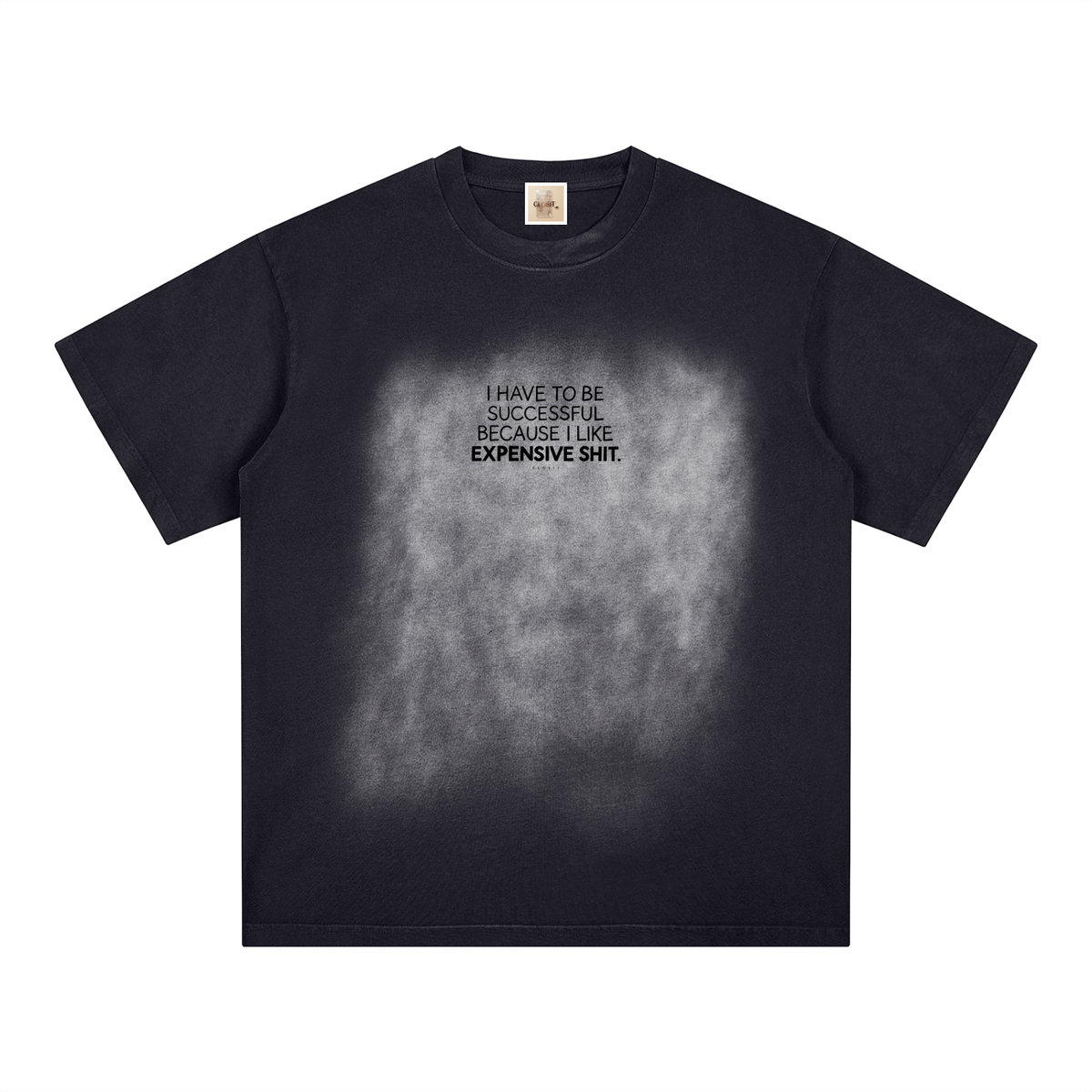 Black washed T-shirt, front view with small chest slogan against a faded square.