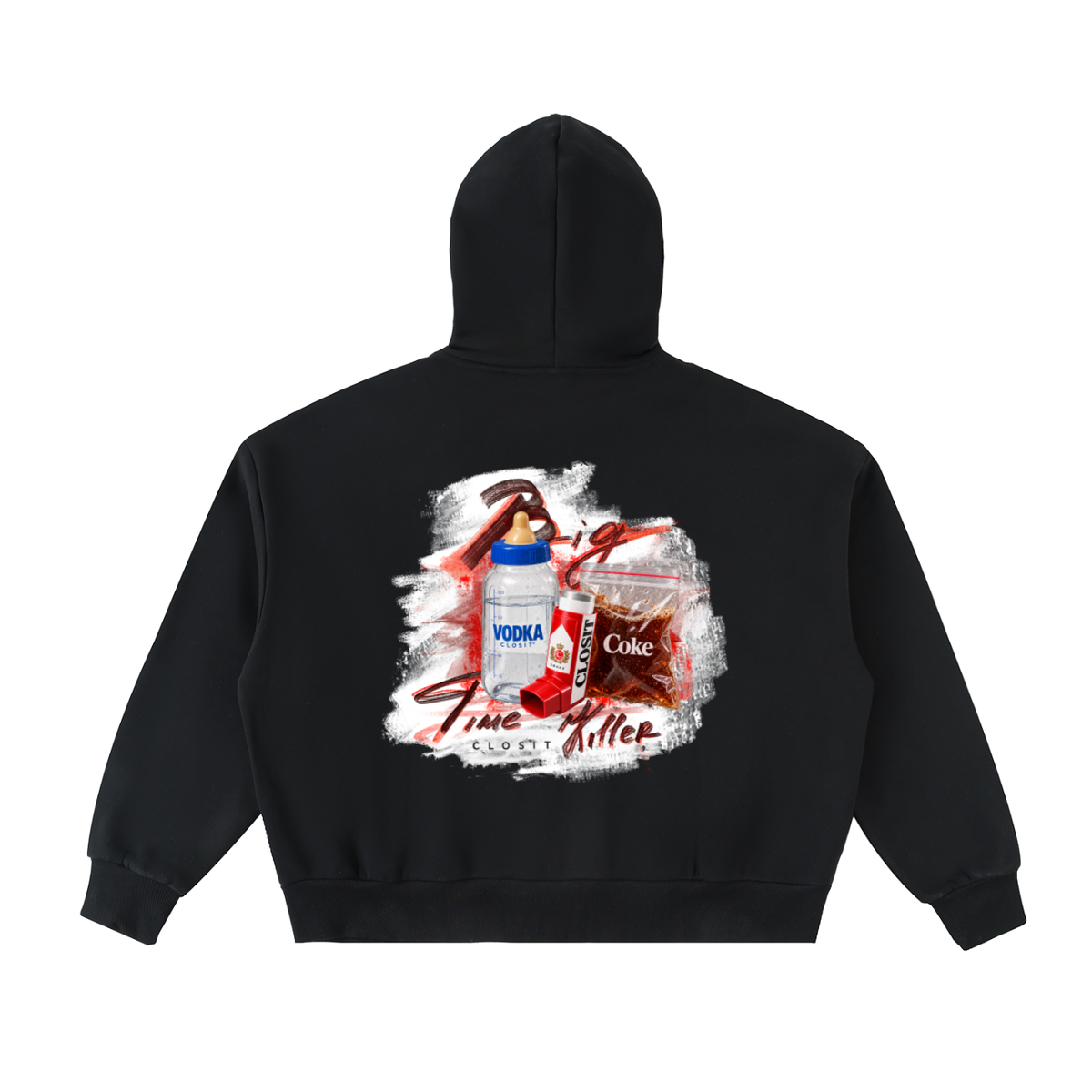 Black full-zip boxy hoodie, back view with Big Time Killer collage with hammer, bottle, glass and lipstick.