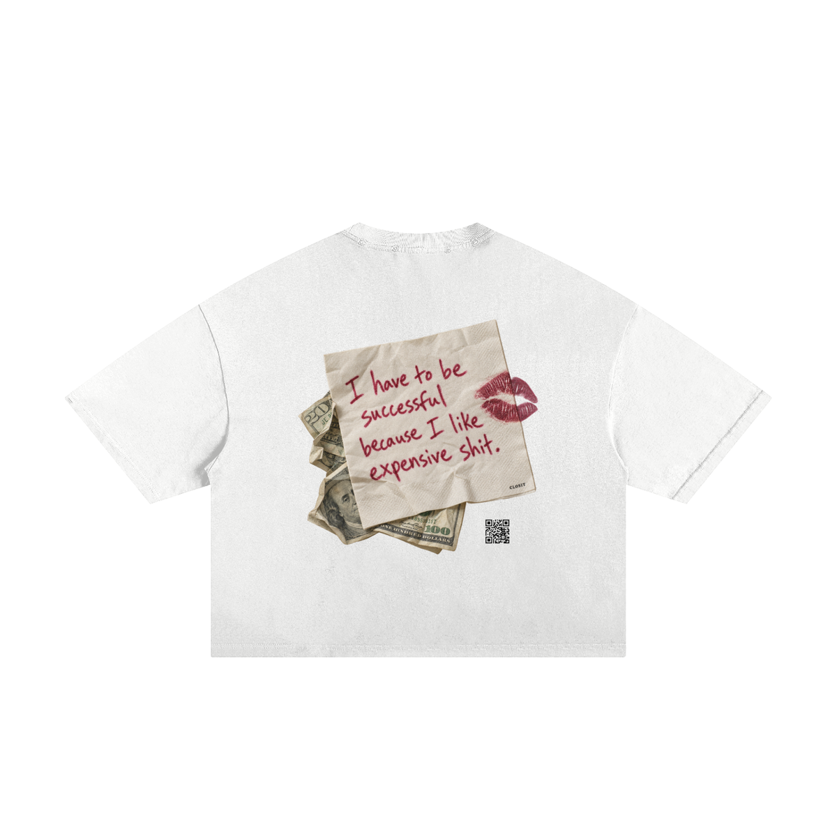 White frayed boxy T-shirt, back view with handwritten Expensive Shit message on a note with money and a lipstick kiss.