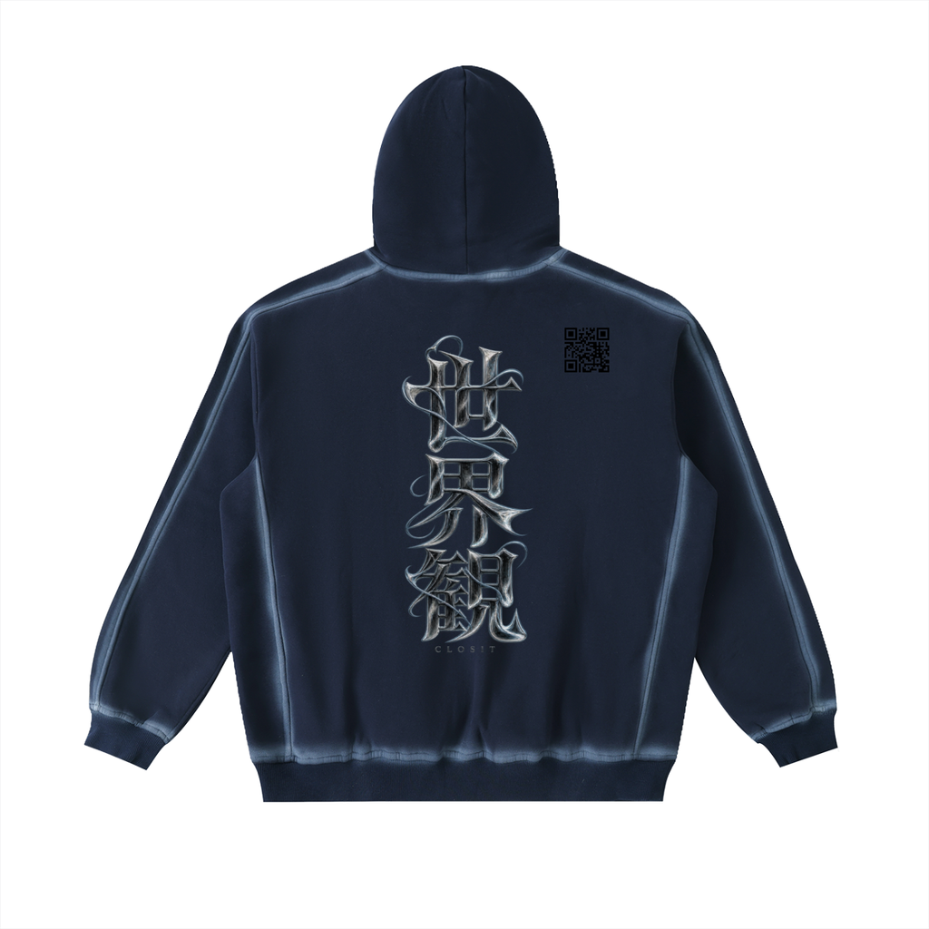 Washed Blue VISION hoodie, back view with vertical Japanese lettering and small QR code.