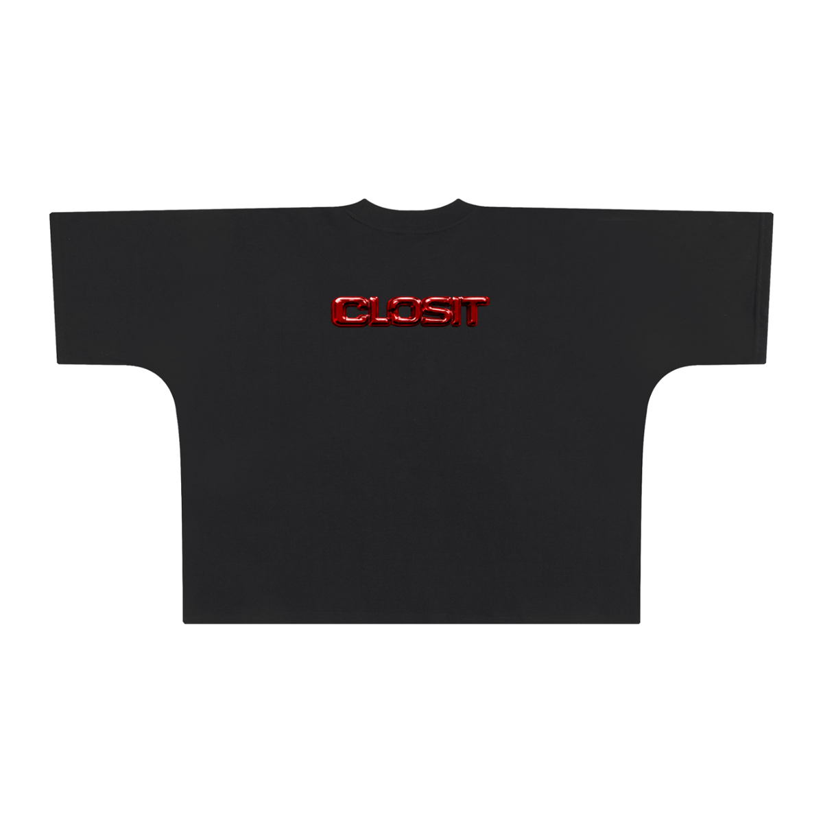 Black oversized boxy T-shirt, back view with small red Closit logo.