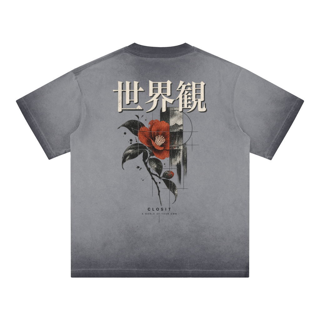 Dark Gray reverse-dyed T-shirt, back view with VISION Japanese lettering and red rose illustration.