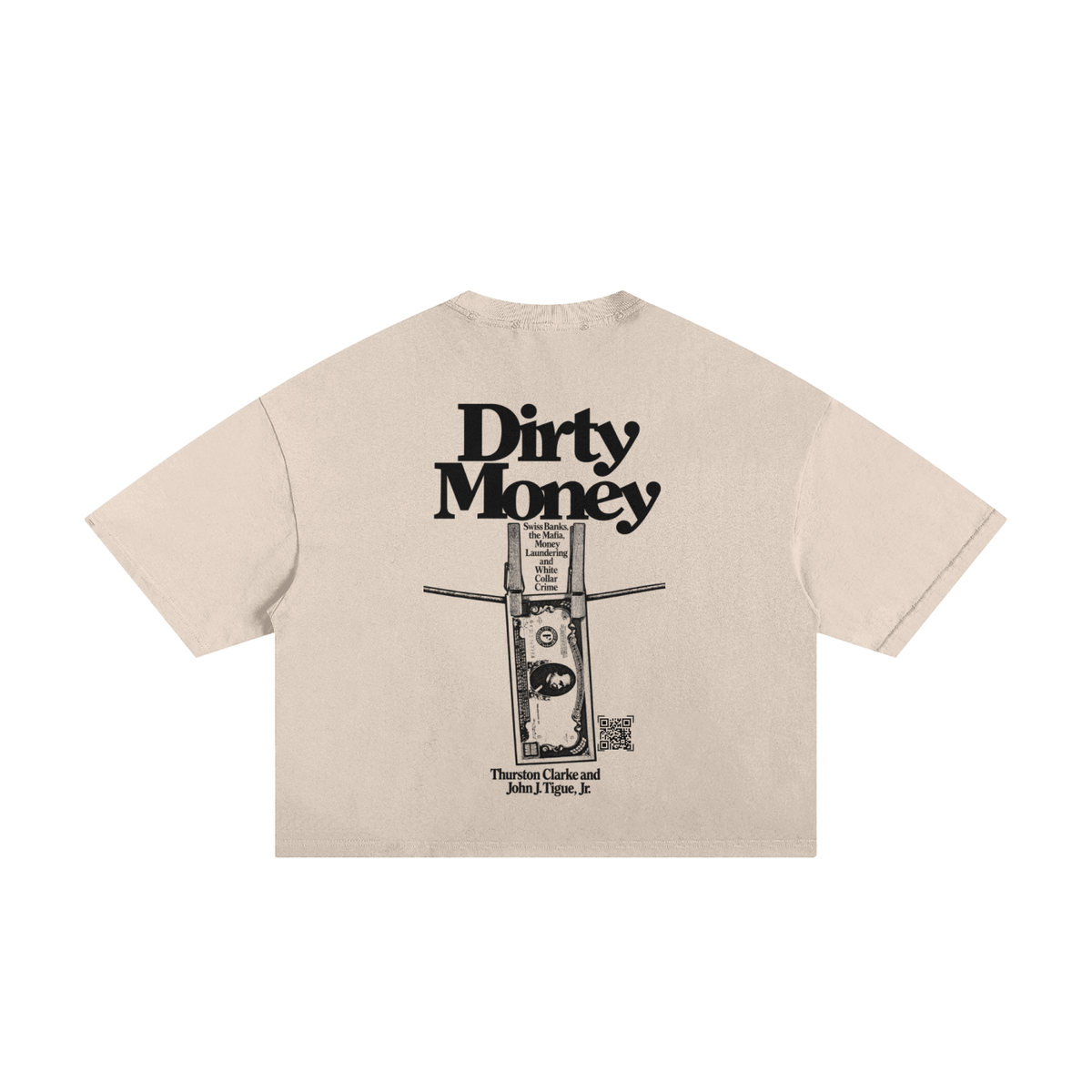 Apricot frayed boxy T-shirt, back view with Dirty Money lettering and dollar-bill graphic.