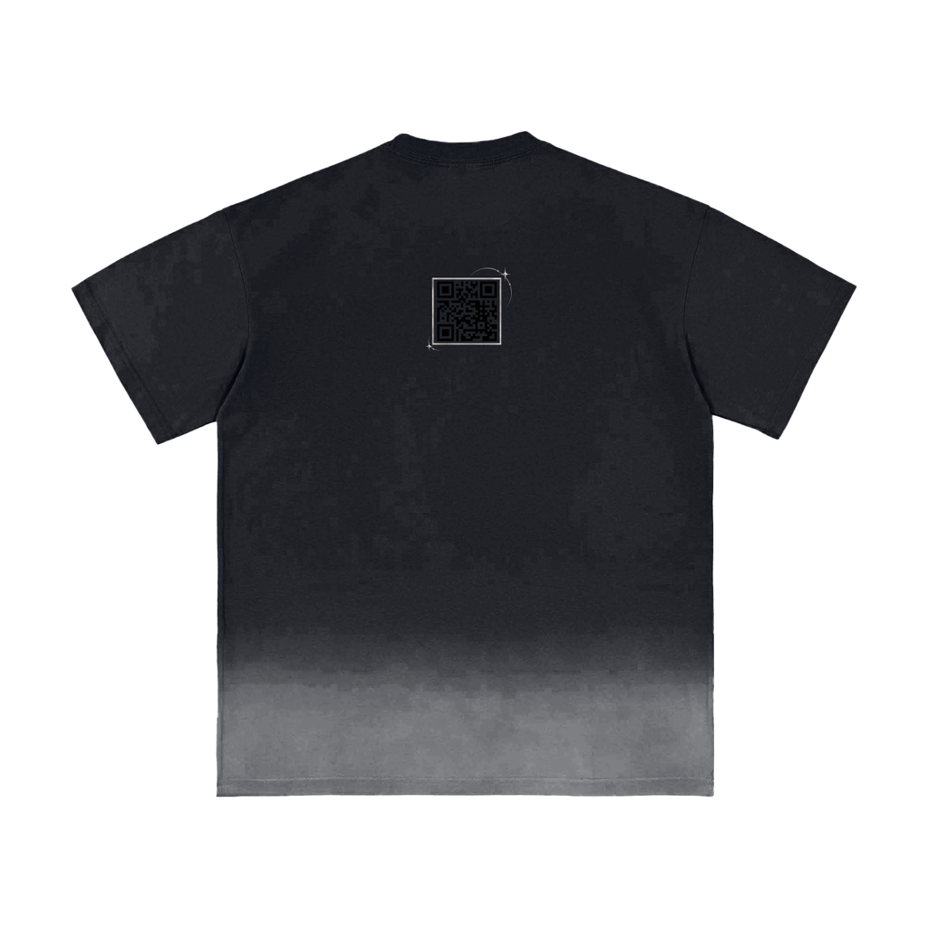 Black sunfade T-shirt, back view with QR code below the neckline and gray faded hem.