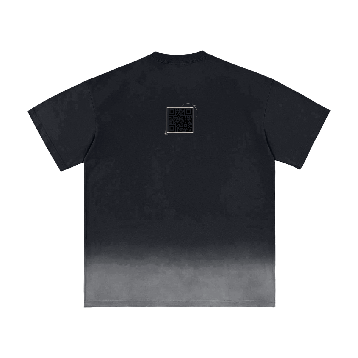 Black sunfade T-shirt, back view with QR code below the neckline and gray faded hem.