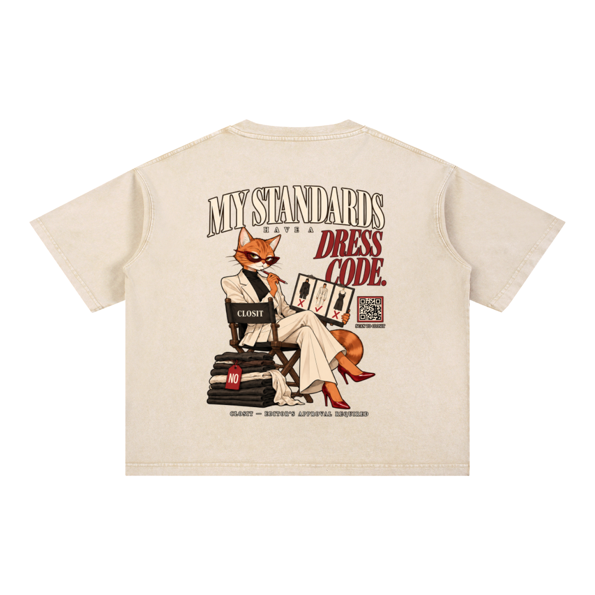 Light Apricot oversized T-shirt, back view with My Standards Have a Dress Code slogan and seated fox fashion illustration.