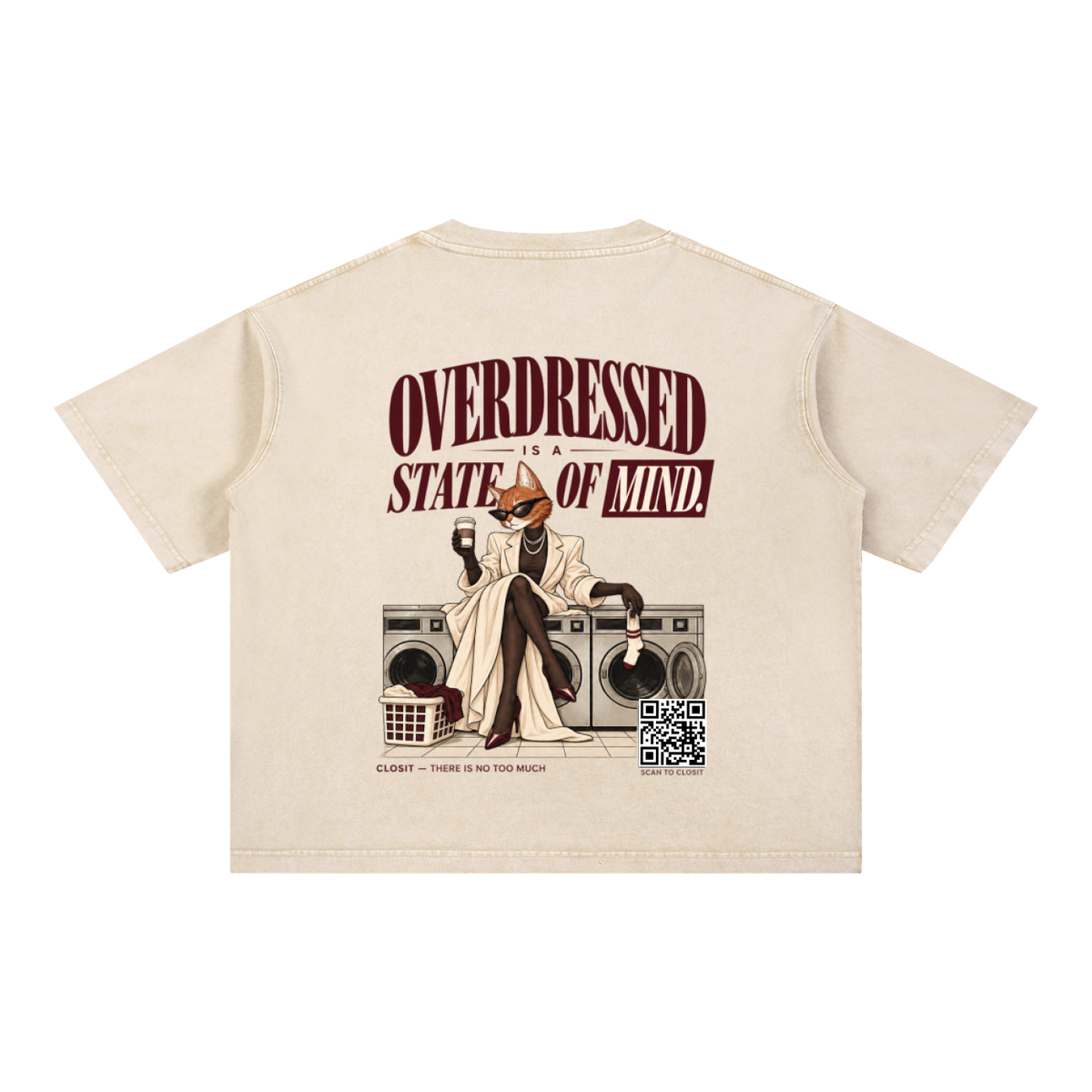 Light Apricot oversized T-shirt, back view with Overdressed Is a State of Mind slogan and cat seated on washing machines.