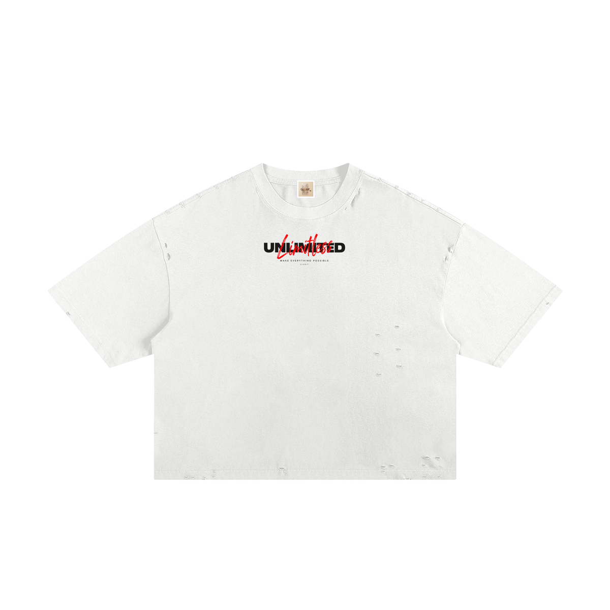 White frayed boxy T-shirt, front view with small Unlimited lettering with red script.