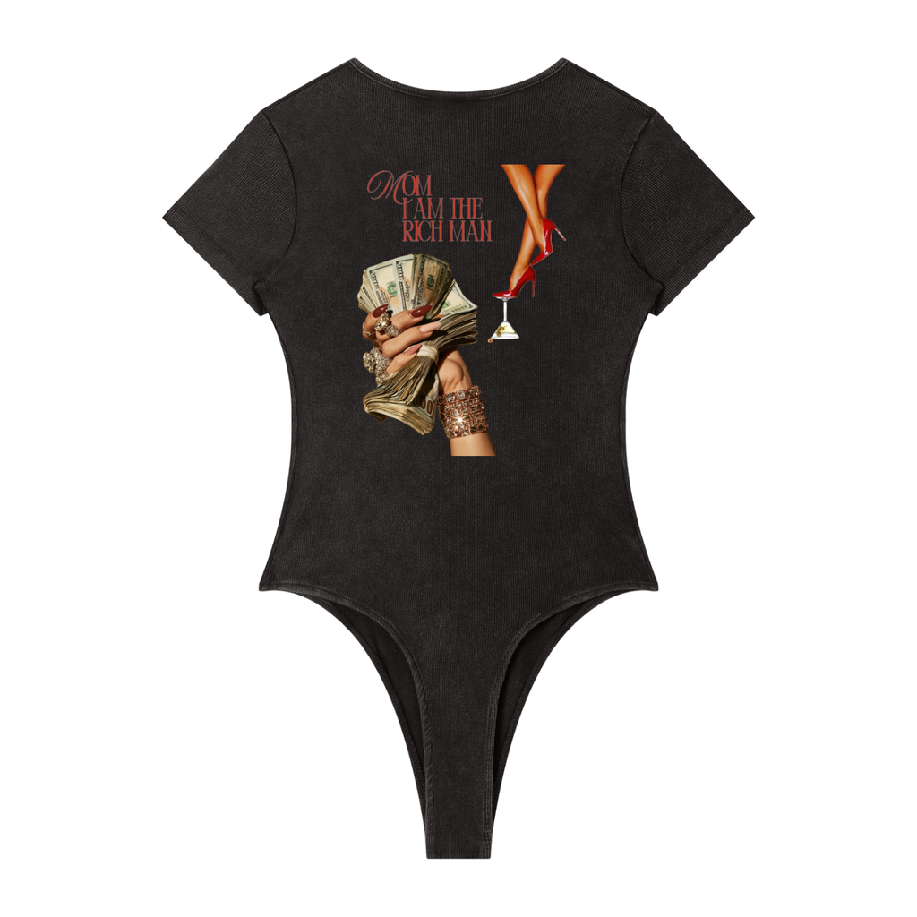 Washed Black mineral-wash bodysuit, back view with money-themed hand illustration with red lettering.