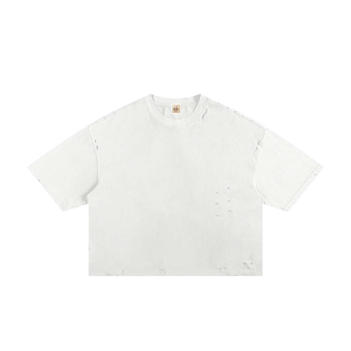 White frayed boxy T-shirt, front view with plain fabric without a printed graphic.