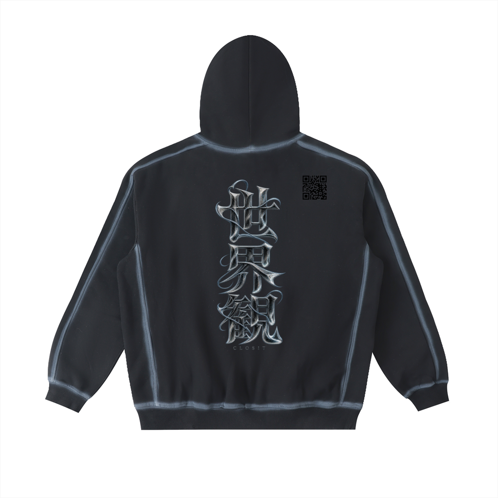 Washed Black VISION hoodie, back view with vertical Japanese lettering and small QR code.