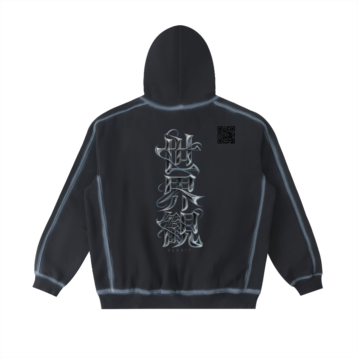 Washed Black VISION hoodie, back view with vertical Japanese lettering and small QR code.