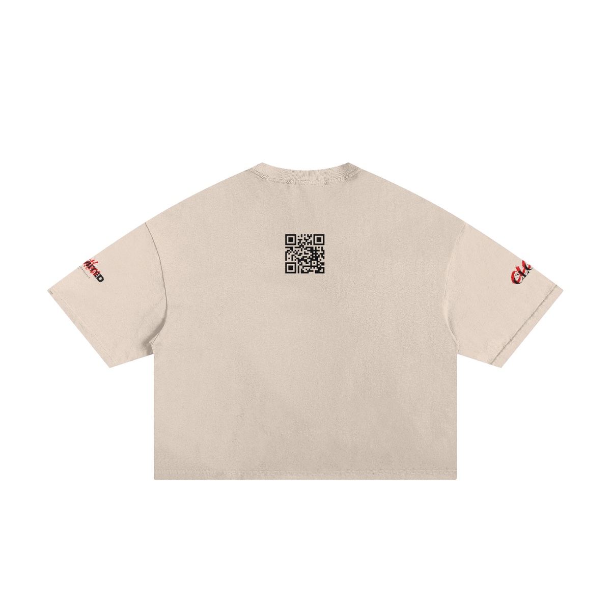 Apricot frayed boxy T-shirt, back view with QR code below the neckline and printed sleeves.