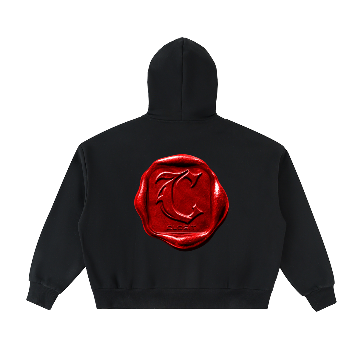 Black full-zip boxy hoodie, back view with large red wax-seal-style graphic.