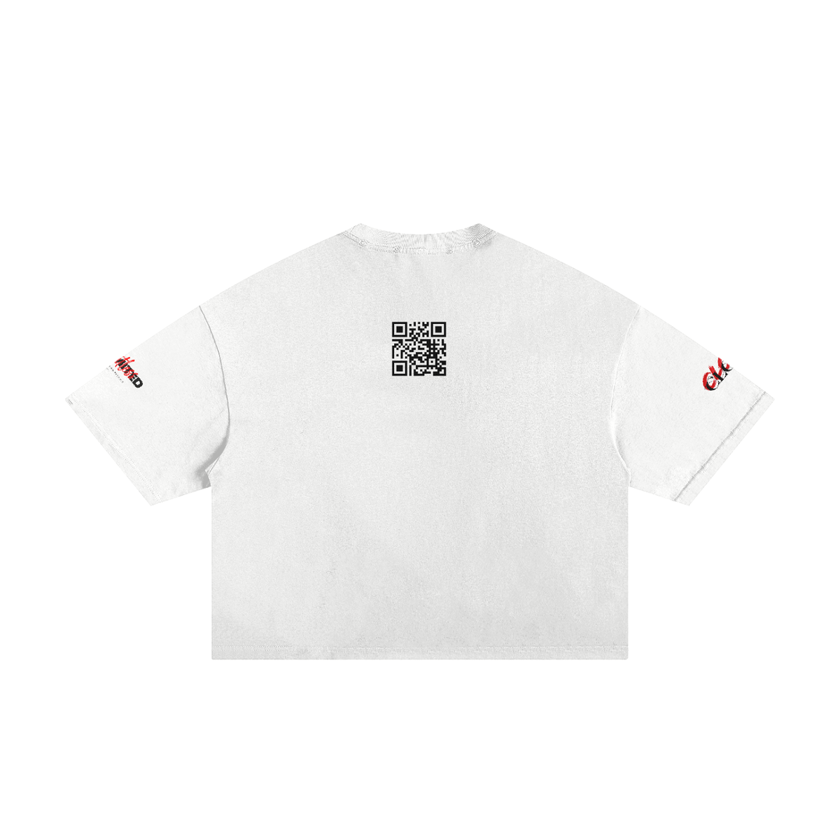 White frayed boxy T-shirt, back view with QR code below the neckline and printed sleeves.
