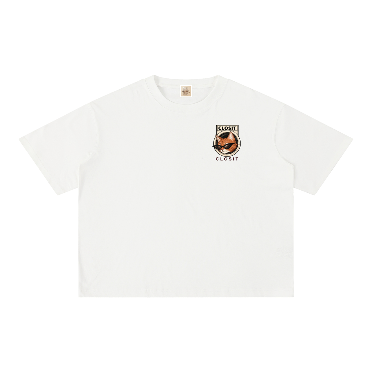 White oversized T-shirt, front view with small cat graphic on the chest.