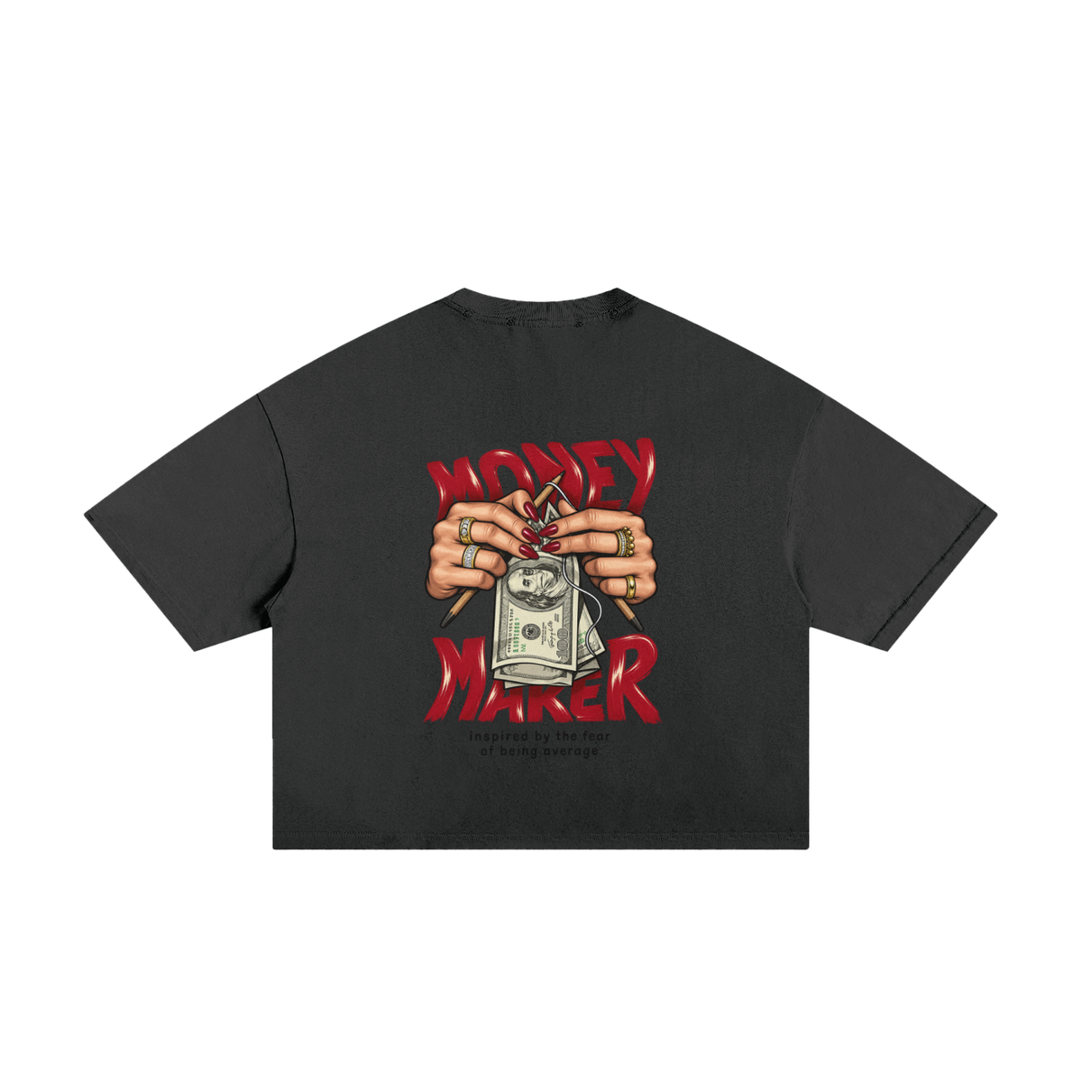 Black frayed boxy T-shirt, back view with Money Maker slogan and hands holding dollar bills.