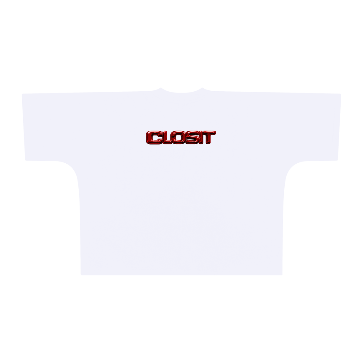 White oversized boxy T-shirt, back view with small red Closit logo.