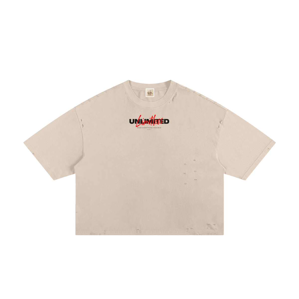 Apricot frayed boxy T-shirt, front view with small Unlimited lettering with red script.