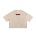 Apricot frayed boxy T-shirt, front view with small Unlimited lettering with red script.