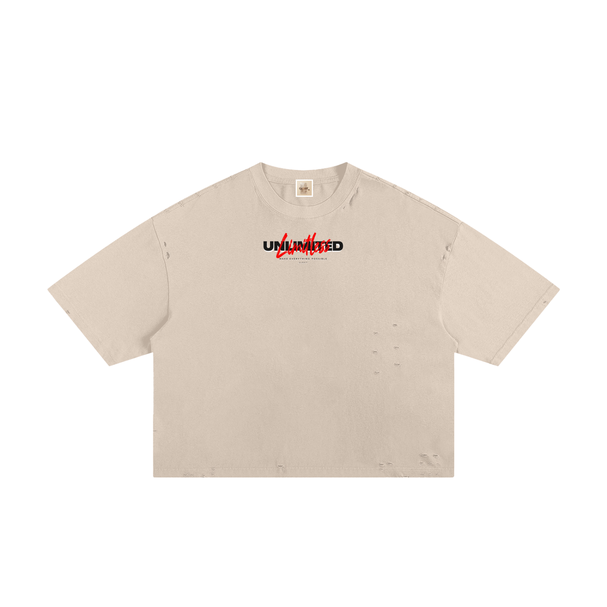 Apricot frayed boxy T-shirt, front view with small Unlimited lettering with red script.