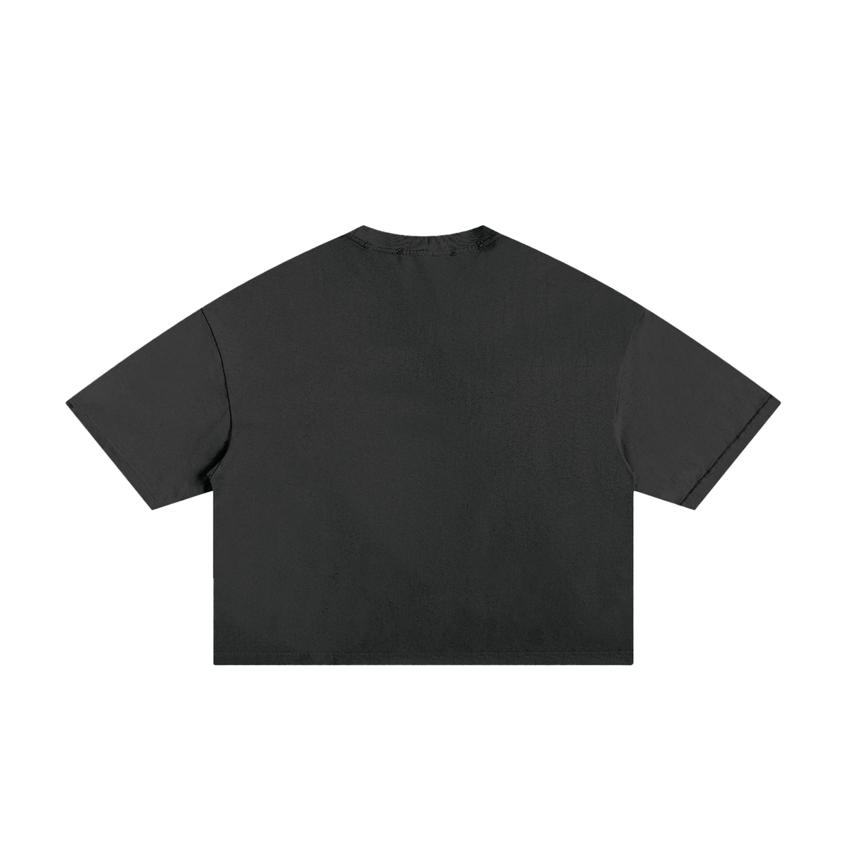 Black frayed boxy T-shirt, back view with plain fabric without a printed graphic.