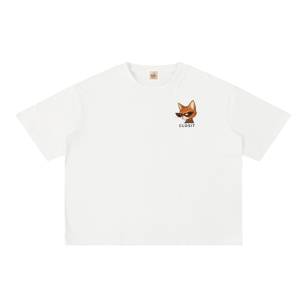 White oversized T-shirt, front view with small cat graphic on the chest.