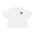 White oversized T-shirt, front view with small cat graphic on the chest.