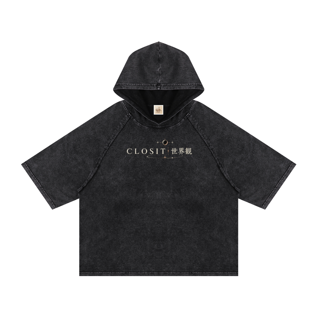 Black hooded boxy T-shirt, front view with small Closit and Japanese lettering beneath the hood.