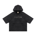 Black hooded boxy T-shirt, front view with small Closit and Japanese lettering beneath the hood.