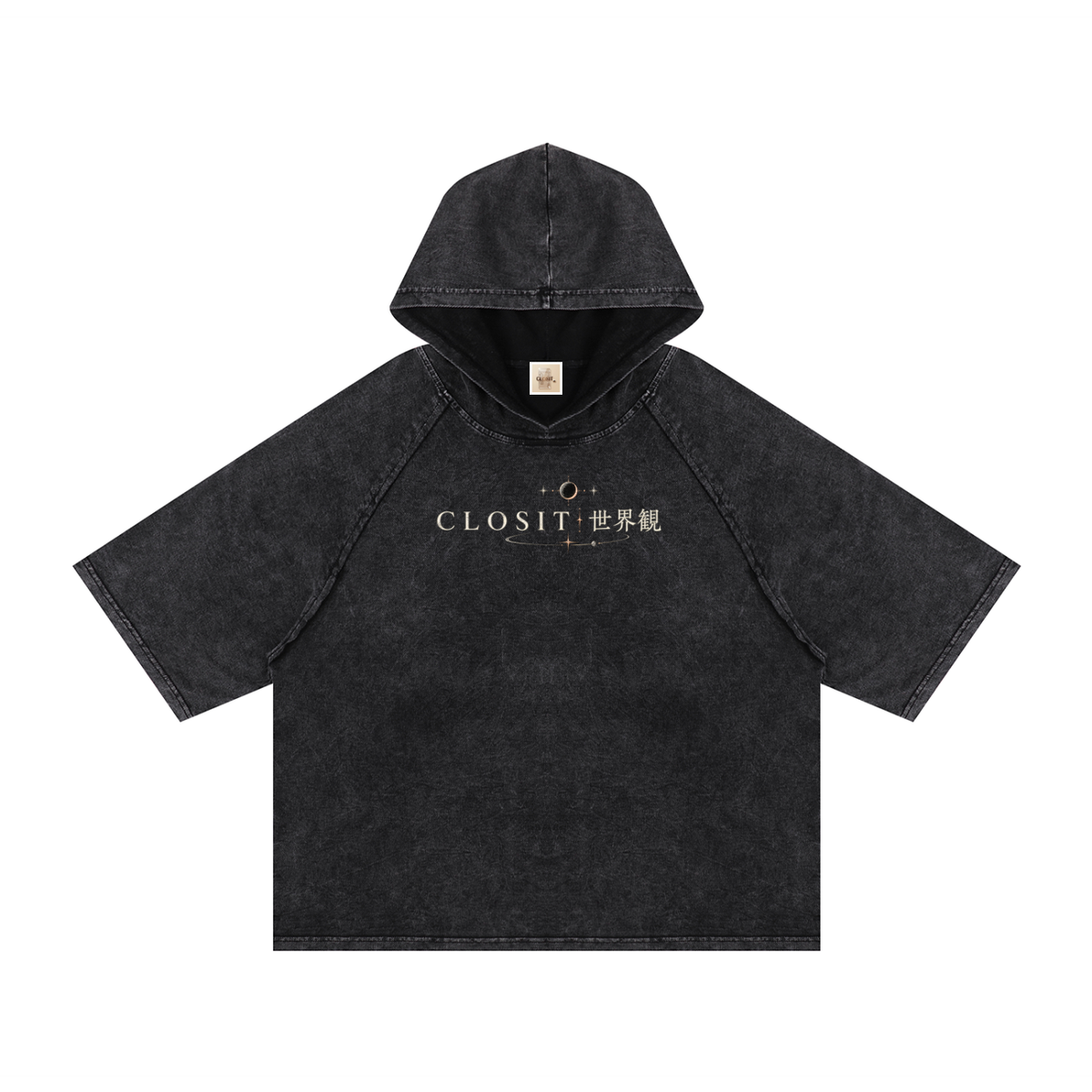 Black hooded boxy T-shirt, front view with small Closit and Japanese lettering beneath the hood.
