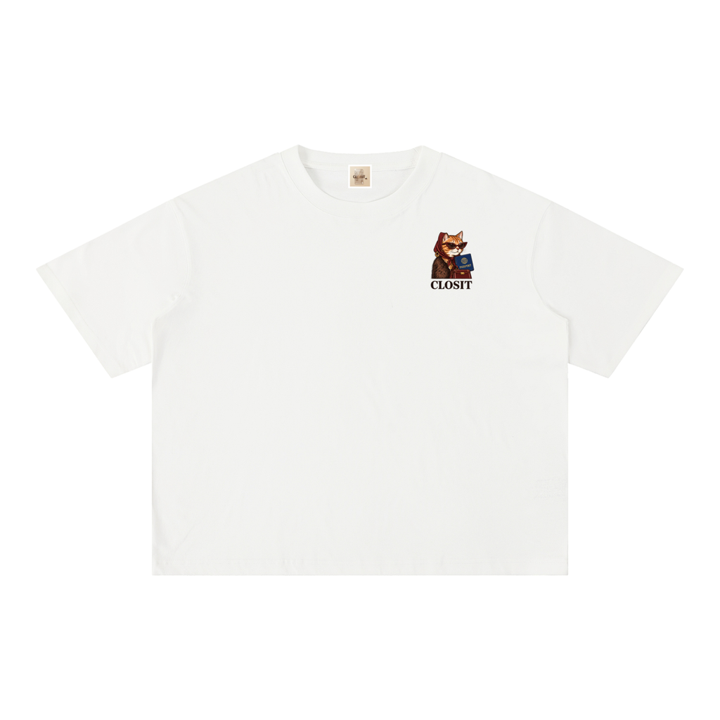 White oversized T-shirt, front view with small cat-with-passport graphic and Closit lettering.