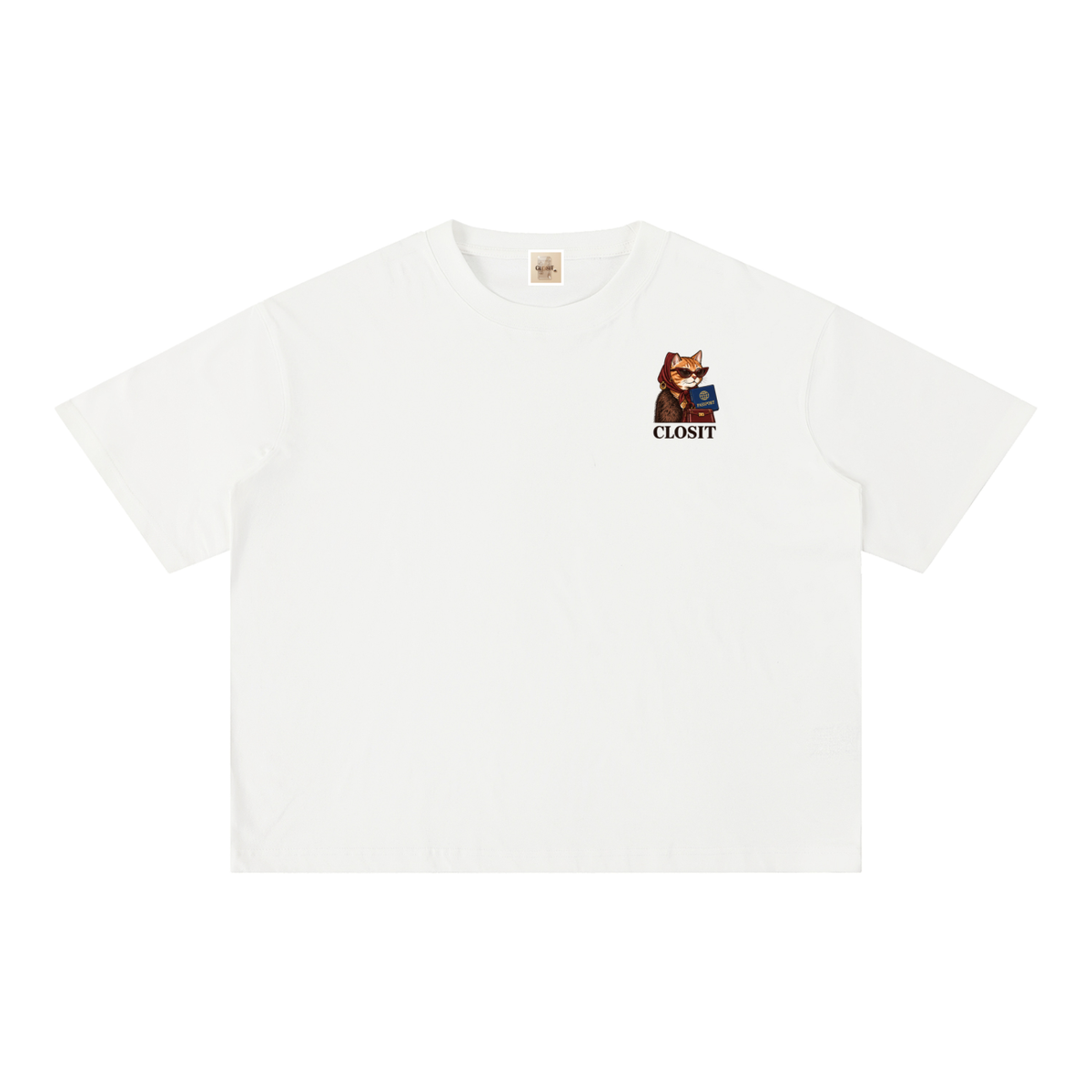 White oversized T-shirt, front view with small cat-with-passport graphic and Closit lettering.