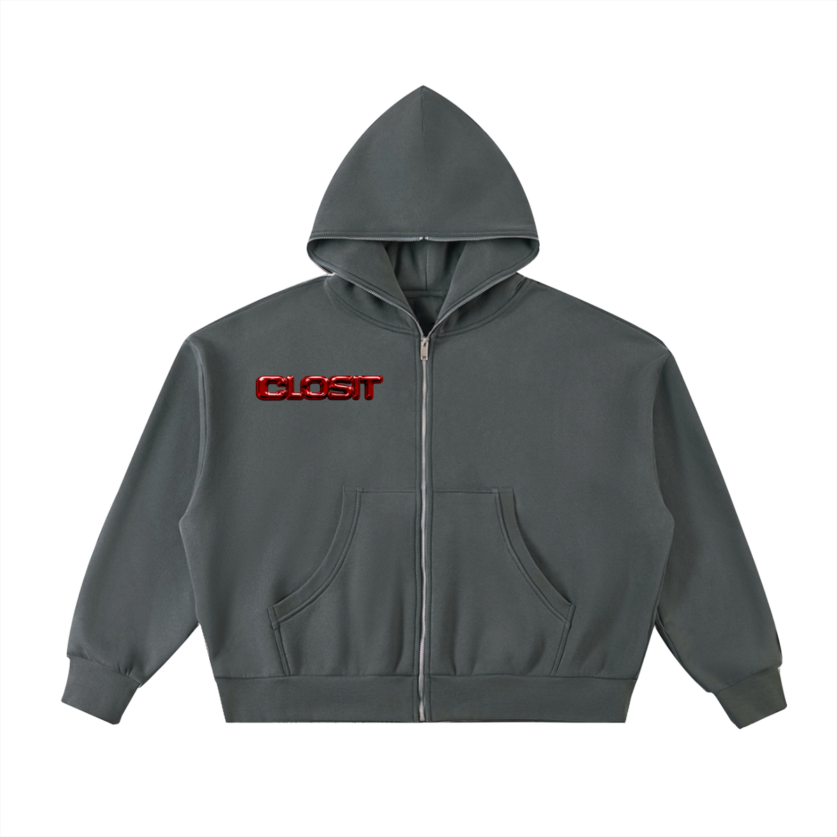 Charcoal Gray full-zip boxy hoodie, front view with small red Closit logo and full-length zipper.