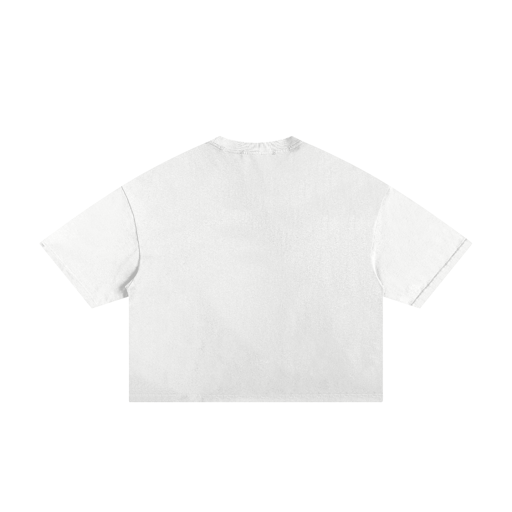 White frayed boxy T-shirt, back view with plain fabric without a printed graphic.