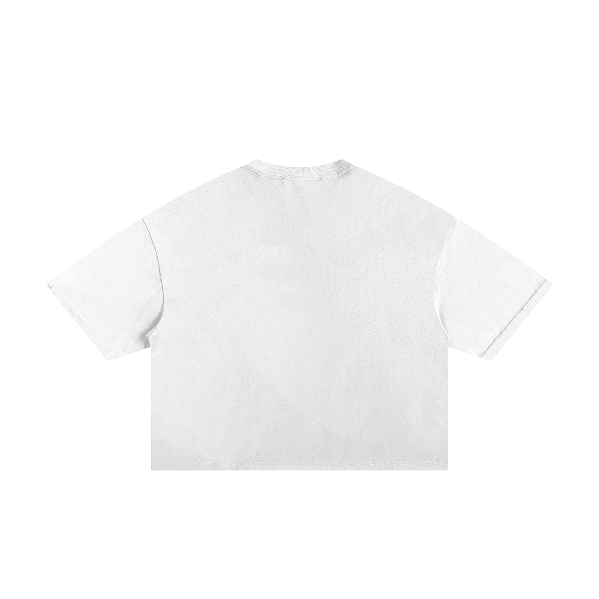 White frayed boxy T-shirt, back view with plain fabric without a printed graphic.