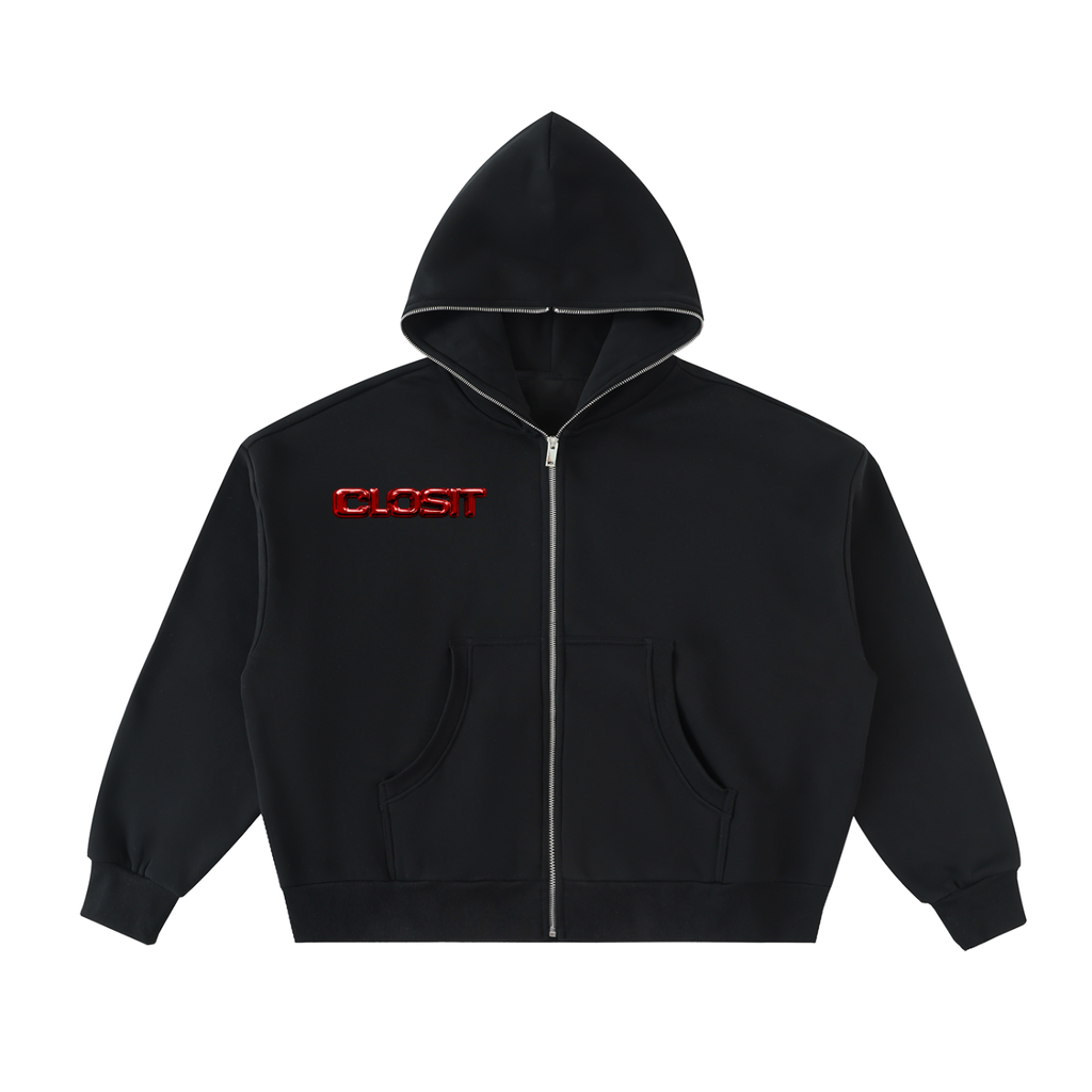 Black full-zip boxy hoodie, front view with small red Closit logo, full-length zipper and pockets.