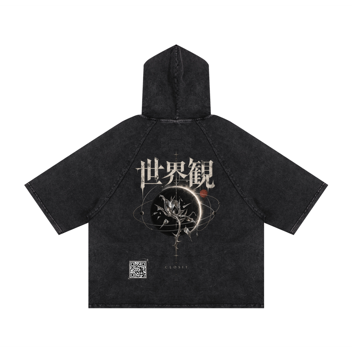 Black hooded boxy T-shirt, back view with VISION Japanese lettering, celestial artwork and QR code.