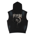 Black sleeveless hoodie, back view with VISION Japanese lettering and celestial artwork.