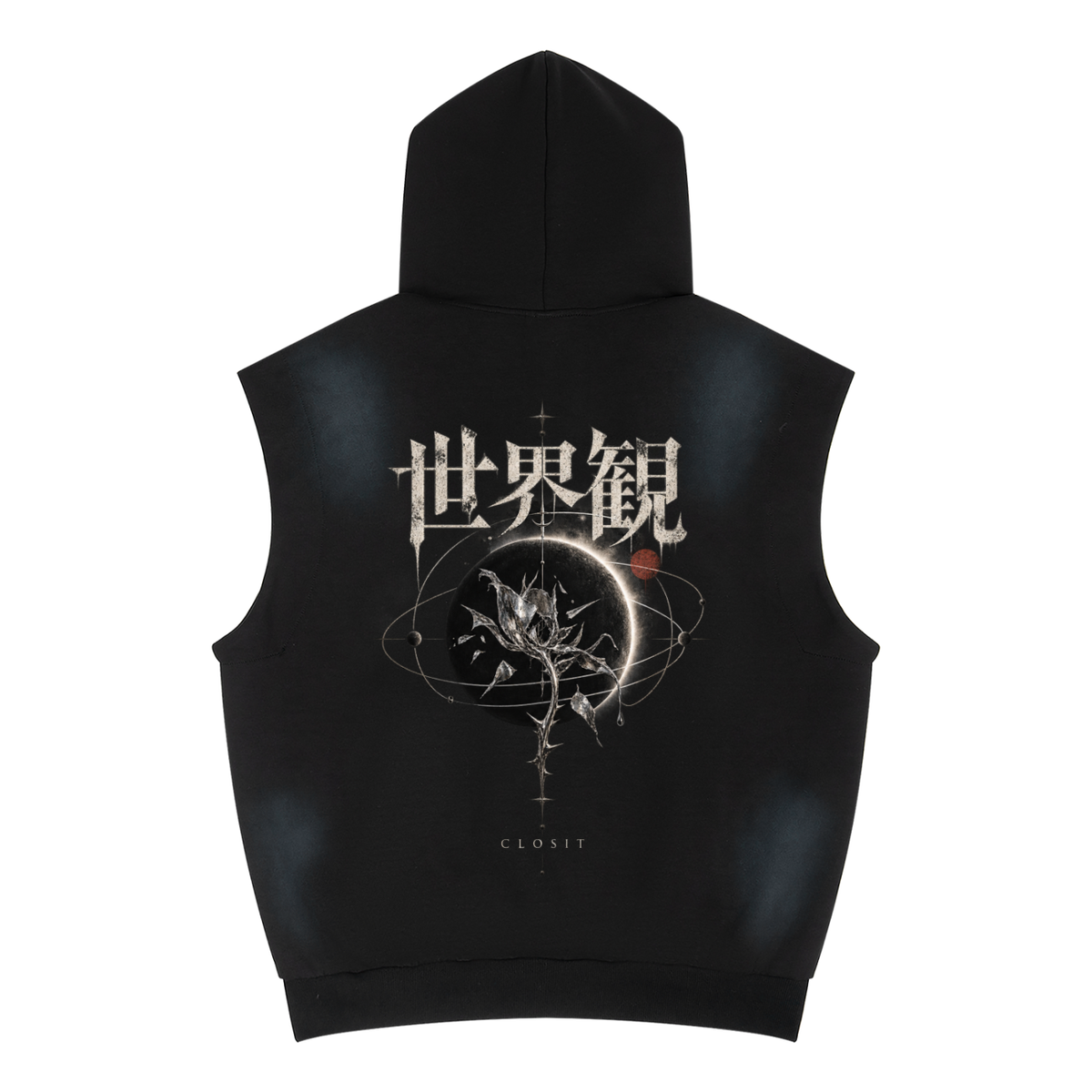 Black sleeveless hoodie, back view with VISION Japanese lettering and celestial artwork.