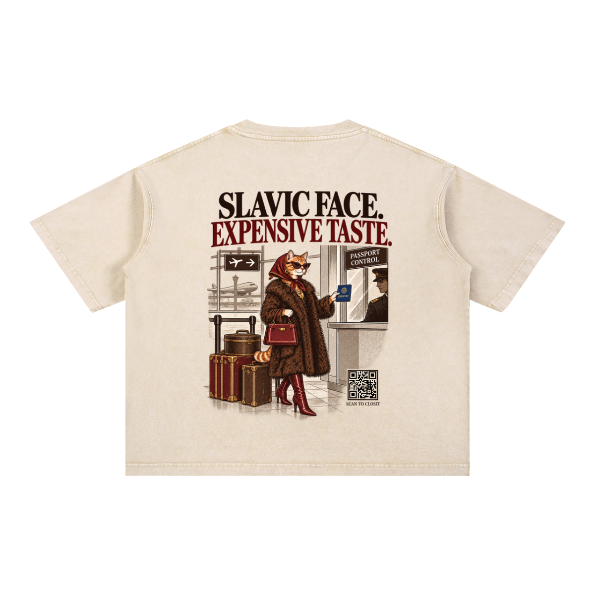 Light Apricot oversized T-shirt, back view with Slavic Face Expensive Taste slogan and cat at passport control.