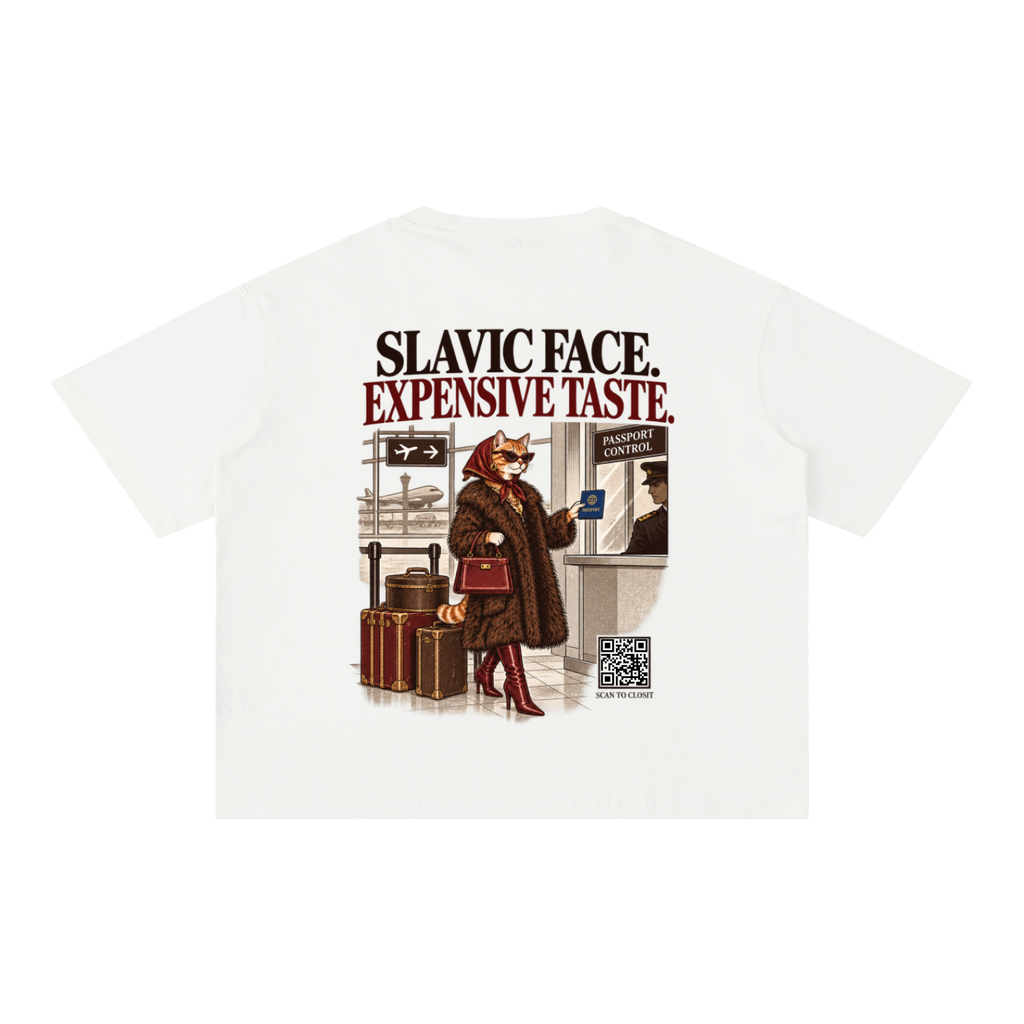 White oversized T-shirt, back view with Slavic Face Expensive Taste slogan and cat at passport control.
