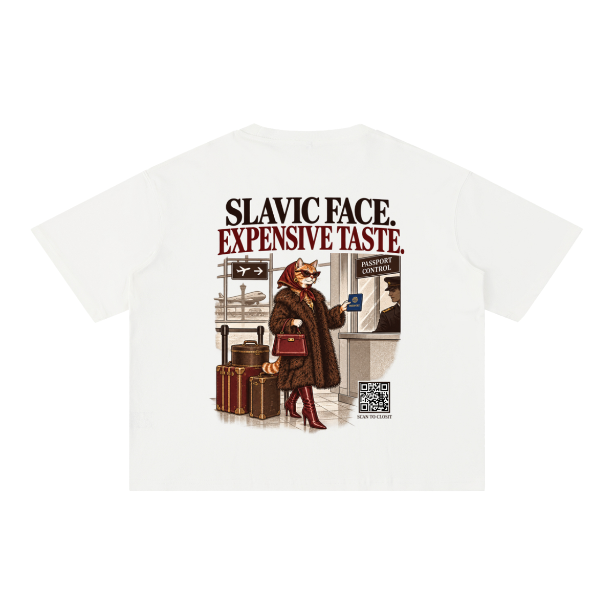 White oversized T-shirt, back view with Slavic Face Expensive Taste slogan and cat at passport control.